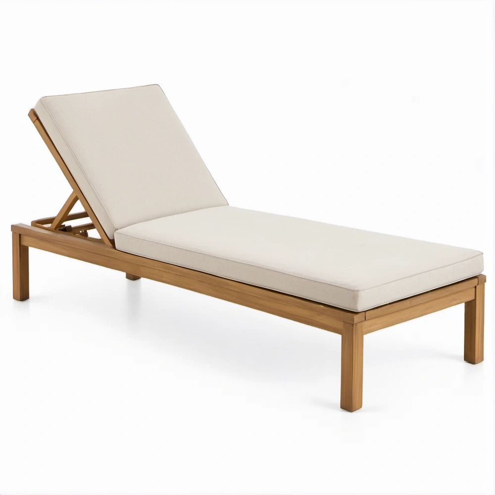 Verstellbare Gartenliege aus Teakholz in Naturbraun mit cremeweissem Kissen, 200 x 70 x 35 cm