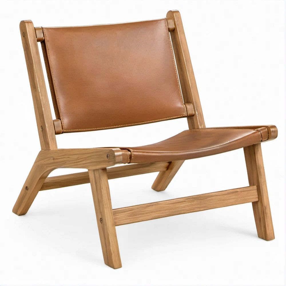 Loungesessel aus Akazienholz und PU-Kunstleder, Naturbraun/Cognacbraun, 65 x 75 x 82 cm
