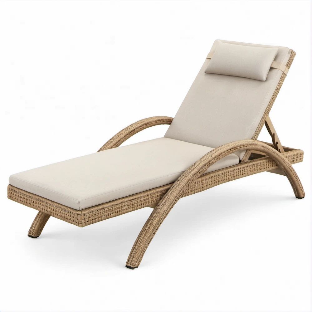 Verstellbare Gartenliege aus PE-Rattan mit Armlehnen und Auflage, Naturbraun/Beige, 200 x 74 x 34–95 cm