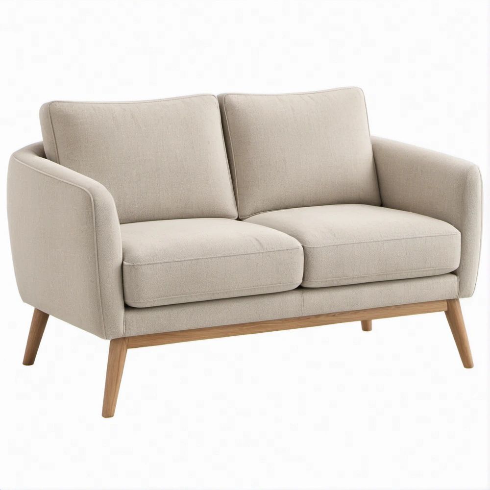 2-Sitzer-Sofa Beige/Naturbraun mit Polyesterbezug und Massivholzfüssen, 145 x 81 x 84 cm