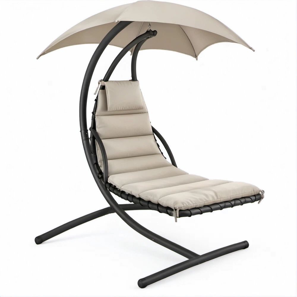 Freischwingende Hängeliege mit Sonnendach, Beige/Schwarz, 200 × 100 × 200 cm