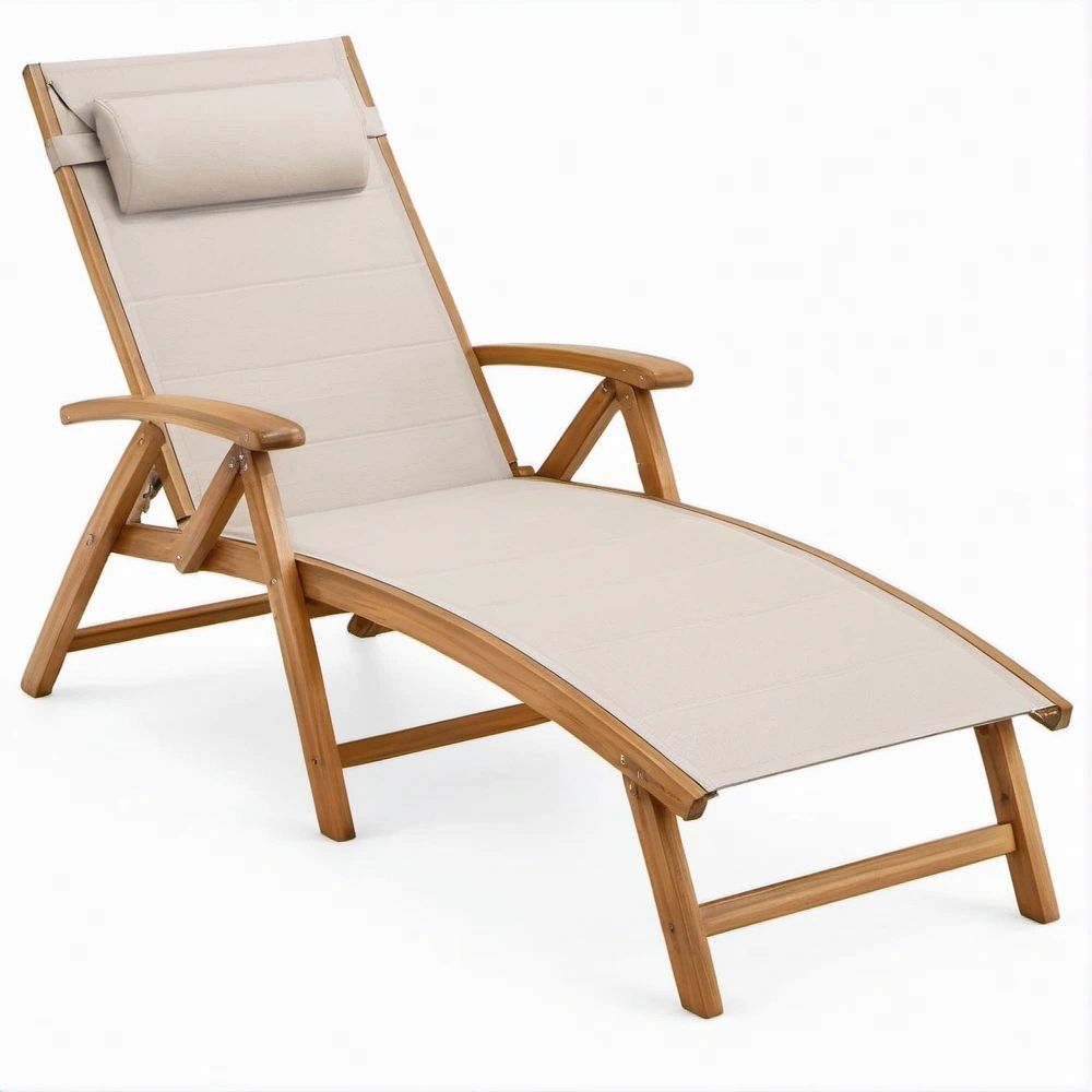 Verstellbare Gartenliege aus Akazienholz mit Kopfkissen, Naturbraun/Beige, 200 x 68 x 35–95 cm