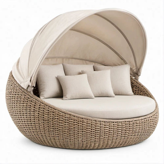 Rundes Gartentagesbett aus PE-Rattan mit Aluminiumgestell und Sonnendach, Beige, 180 x 180 x 150 cm