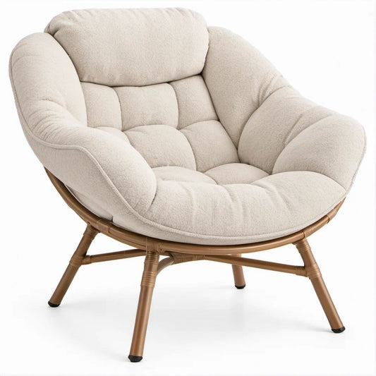 Runder Loungesessel in Creme mit Teddybezug und PE-Rattan-Gestell, 100 x 85 x 95 cm