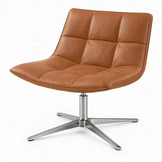 Drehbarer Loungesessel aus braunem PU-Kunstleder mit Aluminiumfuss, 74 x 76 x 85 cm