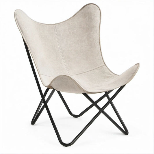 Butterfly-Loungesessel mit Polyesterbezug und Stahlgestell, Creme/Schwarz, 74 x 75 x 90 cm
