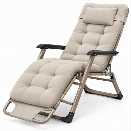 Klappbarer gepolsterter Relaxsessel in Beige/Taupe/Schwarz mit Kopfkissen, 165 x 65 x 110 cm