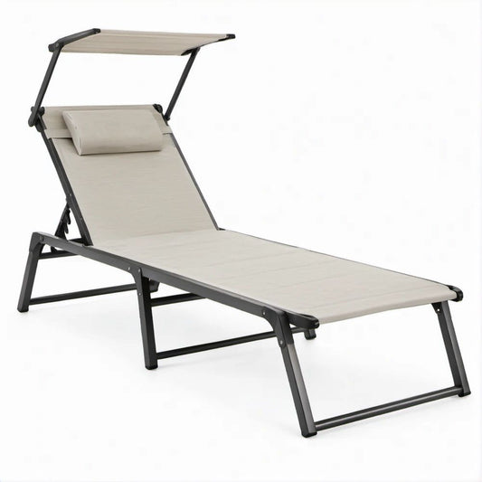 Klappbare Sonnenliege mit Sonnendach, Kopfkissen und 5-fach verstellbarer Rückenlehne, Beige/Schwarz, 190 x 58 x 27 cm