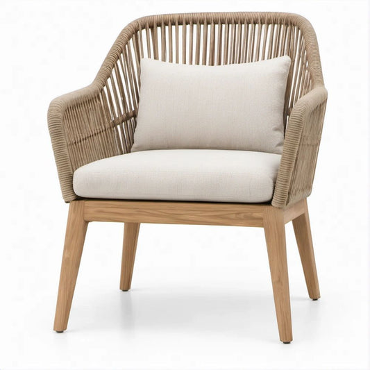 Gartenstuhl mit Armlehnen aus Teakholz und Seilgeflecht, Natur/Taupe/Beige, 65 x 63 x 80 cm