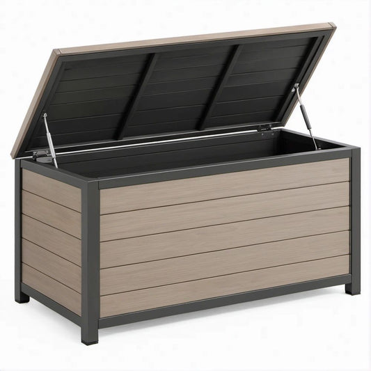 Garten-Aufbewahrungsbox aus WPC und Stahl, Taupe/Anthrazit, 120 x 60 x 63 cm