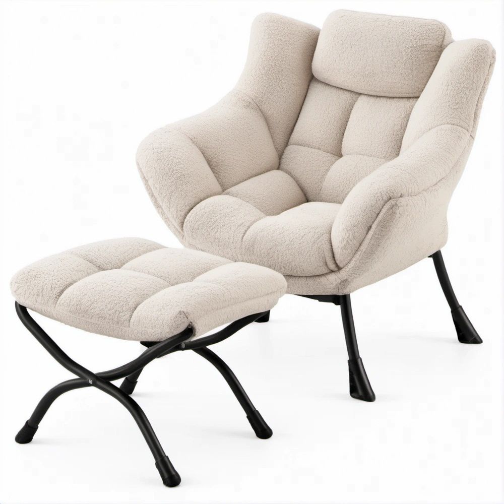 Gepolsterter Sessel mit Hocker, Cremeweiss/Schwarz, 80 × 89 × 104 cm