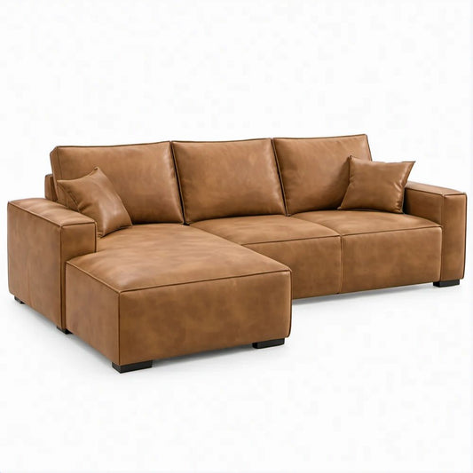 L-förmiges Ecksofa mit linker Recamiere aus PU-Kunstleder, Cognacbraun/Schwarz, 260 x 165 x 85 cm