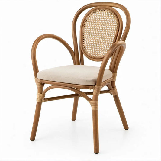 Rattan-Armlehnstuhl Naturbraun/Beige mit Sitzkissen, 58 x 60 x 92 cm
