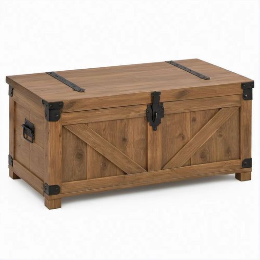 Akazienholztruhe Braun mit schwarzen Stahlbeschlägen, 90 x 40 x 48 cm