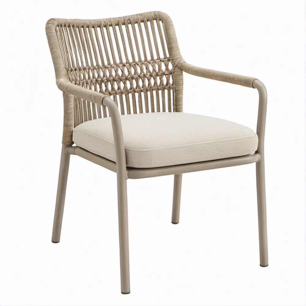 Terrassenstuhl mit Armlehnen, Seilgeflecht und Sitzkissen, Taupe/Beige/Cremeweiss, 60 x 65 x 82 cm