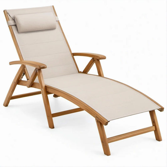 Verstellbare Gartenliege aus Akazienholz mit Kopfkissen, Naturbraun/Beige, 200 x 68 x 35–95 cm